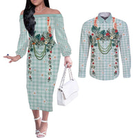 Turquoise Hawaiian Palaka Couples Matching Off The Shoulder Long Sleeve Dress and Long Sleeve Button Shirt Kukui Nut Money Lei - Polynesian Pride