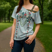 Turquoise Hawaiian Palaka Cross Shoulder Shirt Kukui Nut Money Lei LT9 - Polynesian Pride