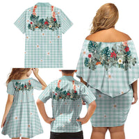 Turquoise Hawaiian Palaka Family Matching Off Shoulder Short Dress and Hawaiian Shirt Kukui Nut Money Lei - Polynesian Pride