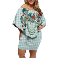 Turquoise Hawaiian Palaka Family Matching Off Shoulder Short Dress and Hawaiian Shirt Kukui Nut Money Lei - Polynesian Pride