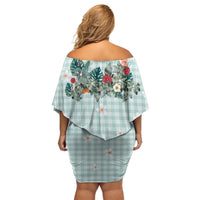 Turquoise Hawaiian Palaka Family Matching Off Shoulder Short Dress and Hawaiian Shirt Kukui Nut Money Lei - Polynesian Pride