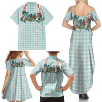 Turquoise Hawaiian Palaka Family Matching Summer Maxi Dress and Hawaiian Shirt Kukui Nut Money Lei - Polynesian Pride