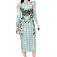 Turquoise Hawaiian Palaka Long Sleeve Bodycon Dress Kukui Nut Money Lei - Polynesian Pride