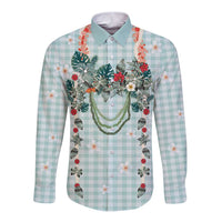 Turquoise Hawaiian Palaka Long Sleeve Button Shirt Kukui Nut Money Lei LT9 Unisex Turquoise - Polynesian Pride