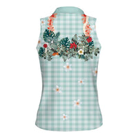 Turquoise Hawaiian Palaka Women Sleeveless Polo Shirt Kukui Nut Money Lei - Polynesian Pride