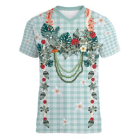 Turquoise Hawaiian Palaka Women V-Neck T-Shirt Kukui Nut Money Lei - Polynesian Pride