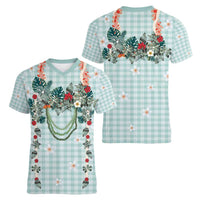 Turquoise Hawaiian Palaka Women V-Neck T-Shirt Kukui Nut Money Lei - Polynesian Pride