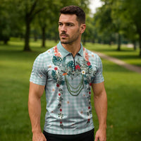 Turquoise Hawaiian Palaka Zipper Polo Shirt Kukui Nut Money Lei - Polynesian Pride