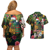 Meri Kirihimete Kakapo Santa Couples Matching Off Shoulder Short Dress and Hawaiian Shirt Merry Christmas with Tropical Vibe