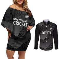 New Zealand Cricket Custom Couples Matching Off Shoulder Short Dress and Long Sleeve Button Shirt Potae Pango Black Fern Pattern LT9 Black - Polynesian Pride