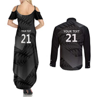 New Zealand Cricket Custom Couples Matching Summer Maxi Dress and Long Sleeve Button Shirt Potae Pango Black Fern Pattern LT9 - Polynesian Pride