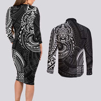 Polynesian Turtle Tribal Tattoo Couples Matching Long Sleeve Bodycon Dress and Long Sleeve Button Shirt Black Style LT9 - Polynesian Pride