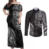 Polynesian Turtle Tribal Tattoo Couples Matching Off Shoulder Maxi Dress and Long Sleeve Button Shirt Black Style LT9 Black - Polynesian Pride