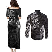 Polynesian Turtle Tribal Tattoo Couples Matching Puletasi and Long Sleeve Button Shirt Black Style LT9 - Polynesian Pride