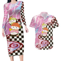 Personalized Japanese Kawaii Sushi Roll Couples Matching Long Sleeve Bodycon Dress and Hawaiian Shirt Wagara Palaka Pattern LT9 Pink - Polynesian Pride
