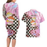 Personalized Japanese Kawaii Sushi Roll Couples Matching Long Sleeve Bodycon Dress and Hawaiian Shirt Wagara Palaka Pattern LT9 - Polynesian Pride