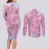 Japanese Koi Fish Couples Matching Long Sleeve Bodycon Dress and Long Sleeve Button Shirt Pink Wagara Palaka Honohono Pikake Lei