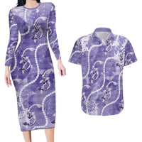 Japanese Koi Fish Couples Matching Long Sleeve Bodycon Dress and Hawaiian Shirt Purple Wagara Palaka Honohono Pikake Lei