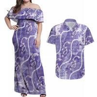 Japanese Koi Fish Couples Matching Off Shoulder Maxi Dress and Hawaiian Shirt Purple Wagara Palaka Honohono Pikake Lei