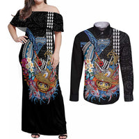 Personalized Japanese Koi Fish Ramen Couples Matching Off Shoulder Maxi Dress and Long Sleeve Button Shirt Aloha Shark Kakau Pattern LT9 Black - Polynesian Pride