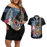 Personalized Japanese Koi Fish Ramen Couples Matching Off Shoulder Short Dress and Hawaiian Shirt Aloha Shark Kakau Pattern LT9 Black - Polynesian Pride