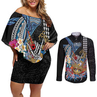 Personalized Japanese Koi Fish Ramen Couples Matching Off Shoulder Short Dress and Long Sleeve Button Shirt Aloha Shark Kakau Pattern LT9 Black - Polynesian Pride