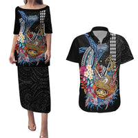 Personalized Japanese Koi Fish Ramen Couples Matching Puletasi and Hawaiian Shirt Aloha Shark Kakau Pattern LT9 Black - Polynesian Pride