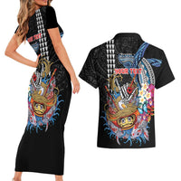 Personalized Japanese Koi Fish Ramen Couples Matching Short Sleeve Bodycon Dress and Hawaiian Shirt Aloha Shark Kakau Pattern LT9 - Polynesian Pride