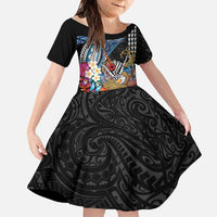 Personalized Japanese Koi Fish Ramen Family Matching Puletasi and Hawaiian Shirt Aloha Shark Kakau Pattern LT9 Daughter's Dress Black - Polynesian Pride