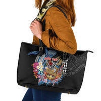 Personalized Japanese Koi Fish Ramen Leather Tote Bag Aloha Shark Kakau Pattern LT9 Black - Polynesian Pride