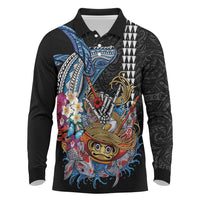 Personalized Japanese Koi Fish Ramen Long Sleeve Polo Shirt Aloha Shark Kakau Pattern LT9 Black - Polynesian Pride
