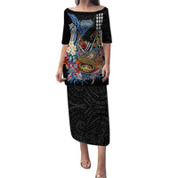 Personalized Japanese Koi Fish Ramen Puletasi Aloha Shark Kakau Pattern LT9 Long Dress Black - Polynesian Pride