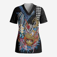 Personalized Japanese Koi Fish Ramen Scrub Top Aloha Shark Kakau Pattern LT9 Adult Black - Polynesian Pride