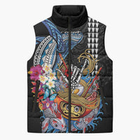 Personalized Japanese Koi Fish Ramen Sleeveless Puffer Jacket Aloha Shark Kakau Pattern LT9 Unisex Black - Polynesian Pride