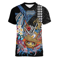 Personalized Japanese Koi Fish Ramen Women V-Neck T-Shirt Aloha Shark Kakau Pattern LT9 Female Black - Polynesian Pride