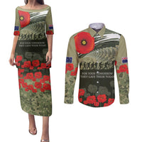 ANZAC Day We Remember Couples Matching Puletasi and Long Sleeve Button Shirt Maori Silver Fern Camouflage Motif LT9 Green - Polynesian Pride