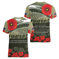 ANZAC Day We Remember Women V-Neck T-Shirt Maori Silver Fern Camouflage Motif LT9 - Polynesian Pride