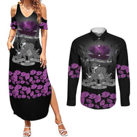 ANZAC Day Remembrance Couples Matching Summer Maxi Dress and Long Sleeve Button Shirt Purple Poppy We Will Remember Them