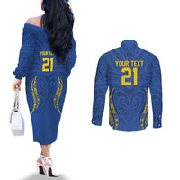 Custom Oceania Football Solomon Kings Couples Matching Off The Shoulder Long Sleeve Dress and Long Sleeve Button Shirt Polynesian Tribal Pattern
