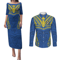 Custom Oceania Football Solomon Kings Couples Matching Puletasi and Long Sleeve Button Shirt Polynesian Tribal Pattern LT9 Blue - Polynesian Pride