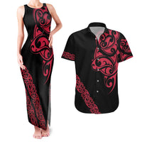 All Black Maori Tribal Tattoo Personalised Couples Matching Tank Maxi Dress and Hawaiian Shirt Classic Red Polynesian Style - Polynesian Pride
