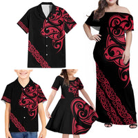 All Black Maori Tribal Tattoo Personalised Family Matching Off Shoulder Maxi Dress and Hawaiian Shirt Classic Red Polynesian Style - Polynesian Pride
