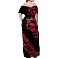 All Black Maori Tribal Tattoo Personalised Family Matching Off Shoulder Maxi Dress and Hawaiian Shirt Classic Red Polynesian Style - Polynesian Pride