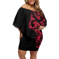 All Black Maori Tribal Tattoo Personalised Off Shoulder Short Dress Classic Red Polynesian Style - Polynesian Pride