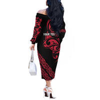 All Black Maori Tribal Tattoo Personalised Off The Shoulder Long Sleeve Dress Classic Red Polynesian Style - Polynesian Pride