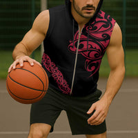 All Black Maori Tribal Tattoo Personalised Sleeveless Zip Hoodie Classic Red Polynesian Style - Polynesian Pride