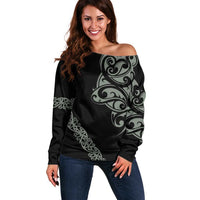 All Black Maori Tribal Tattoo Personalised Off Shoulder Sweater Moss Green Polynesian Style - Polynesian Pride