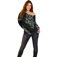 All Black Maori Tribal Tattoo Personalised Off Shoulder Sweater Moss Green Polynesian Style - Polynesian Pride