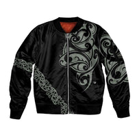 All Black Maori Tribal Tattoo Personalised Sleeve Zip Bomber Jacket Moss Green Polynesian Style - Polynesian Pride