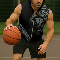 All Black Maori Tribal Tattoo Personalised Sleeveless Zip Hoodie Moss Green Polynesian Style - Polynesian Pride